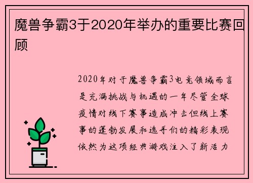 魔兽争霸3于2020年举办的重要比赛回顾